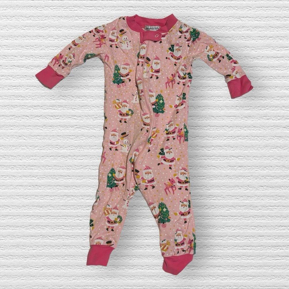 Magnolia Baby 18m Pink Santa Snowman Christmas Zipper Romper Pajama